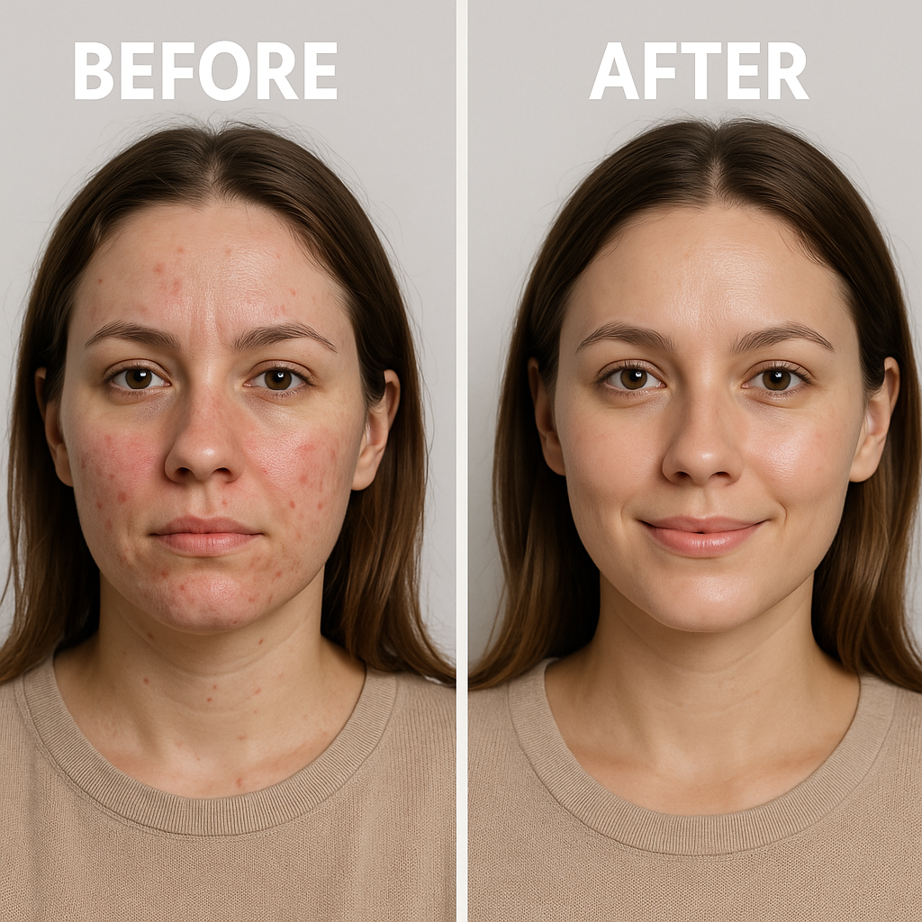 Before and after results of using DirtPore Pure Australian Green Clay Mask showing clearer skin, smaller pores, and reduced redness