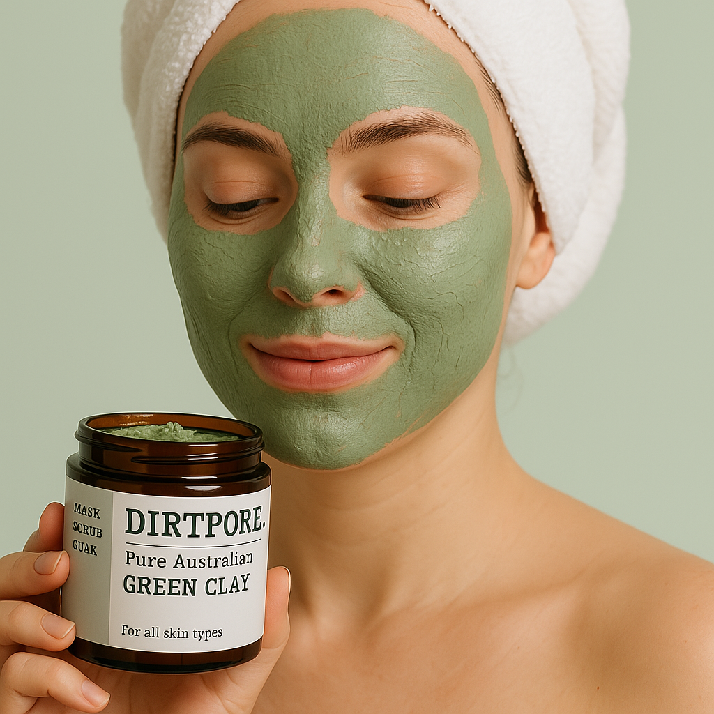 Woman applying DirtPore Australian Green Clay Mask – deep pore cleansing and purifying face treatment for glowing, clear skin